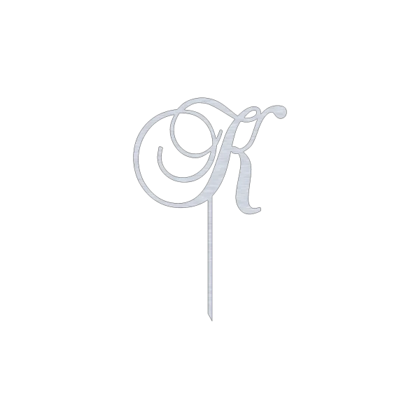 Elegant K monogram letter cake topper with swirl script design, crafted from aluminum with a natural aluminum finish. Measures 7.5 inches wide by 11.0 inches high. Perfect for adding a personalized touch to cakes.